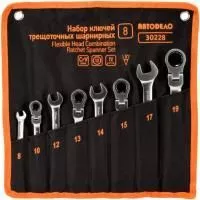 Набор комбинированных трещоточных шарнирных ключей АвтоДело 8 пр, 8-19 мм, сумка 30228